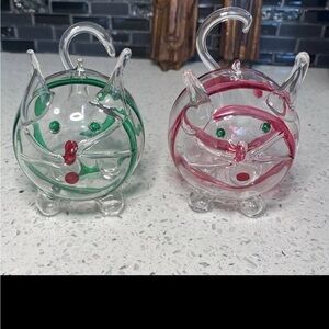 2 Hand-Blown Glass Cats (Made in Italy) Holiday Ornaments Green & Red